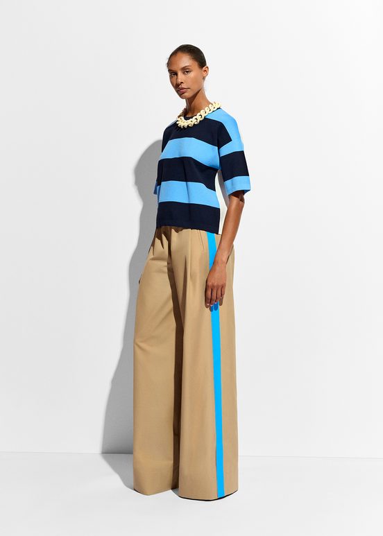 Beige wide-leg pants with blue stripes