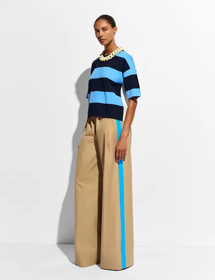 Beige wide-leg pants with blue stripes