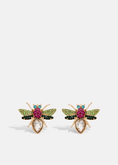 Gold, green and pink bee-shaped earrings