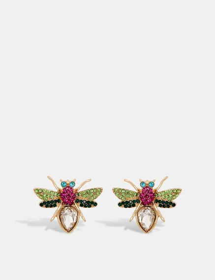 Gold, green and pink bee-shaped earrings