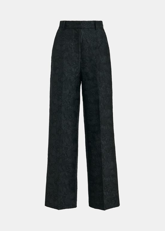 Black floral-jacquard straight-leg pants