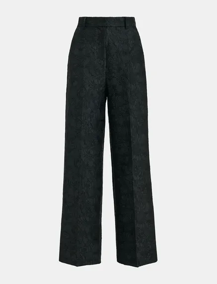 Black floral-jacquard straight-leg pants