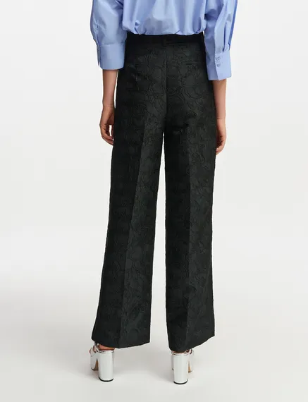 Black floral-jacquard straight-leg pants