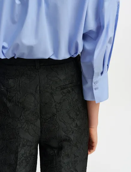 Black floral-jacquard straight-leg pants