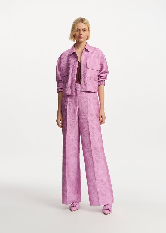 Pantalon droit en jacquard fleuri lilas