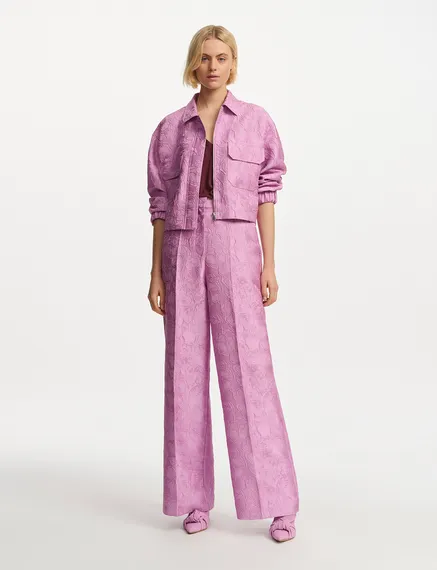 Lilac floral-jacquard straight-leg pants