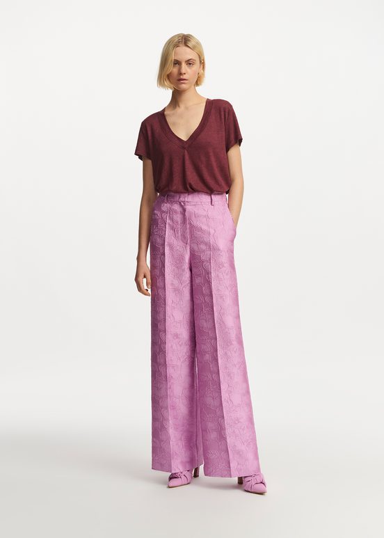 Lilac floral-jacquard straight-leg pants