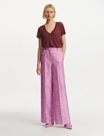 Lilac floral-jacquard straight-leg pants