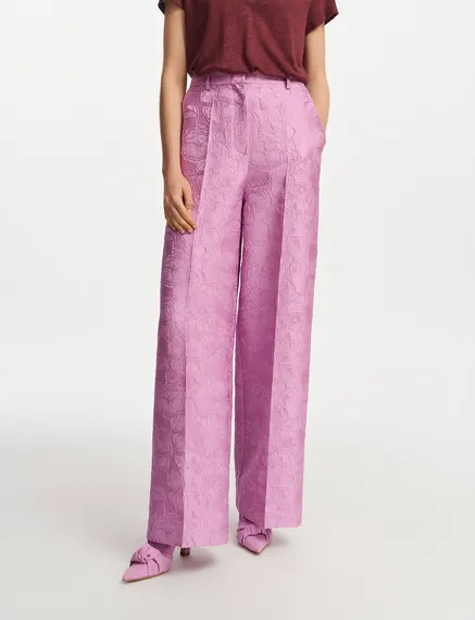 Pantalon droit en jacquard fleuri lilas