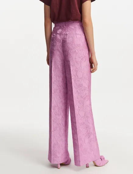 Pantalon droit en jacquard fleuri lilas