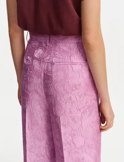 Lilac floral-jacquard straight-leg pants