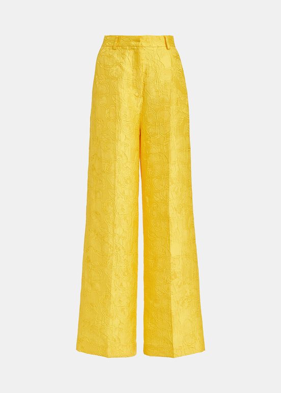 Yellow floral-jacquard straight-leg pants