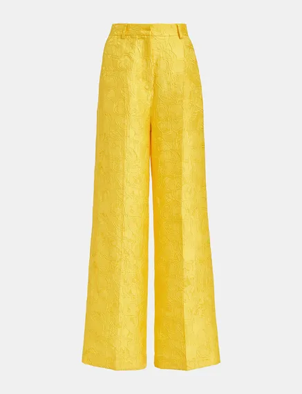 Yellow floral-jacquard straight-leg pants