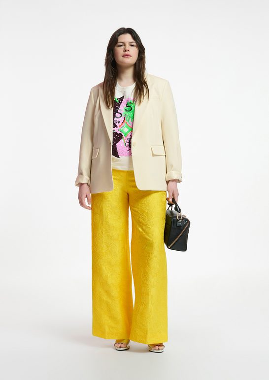 Pantalon droit en jacquard fleuri jaune