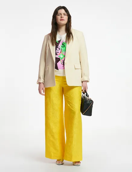 Yellow floral-jacquard straight-leg pants