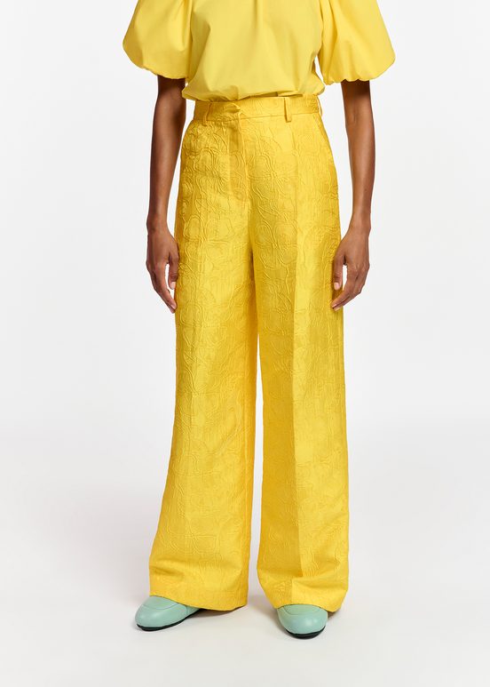 Pantalon droit en jacquard fleuri jaune