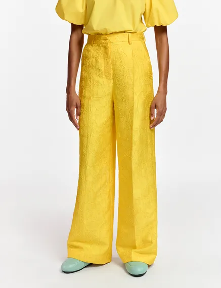 Yellow floral-jacquard straight-leg pants