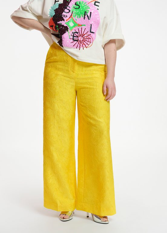 Pantalon droit en jacquard fleuri jaune