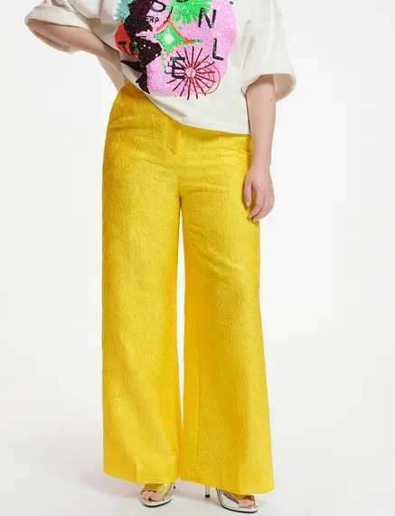 Yellow floral-jacquard straight-leg pants