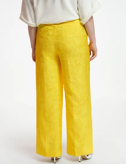 Yellow floral-jacquard straight-leg pants