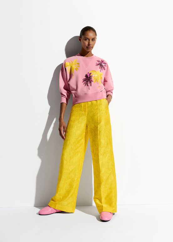 Yellow floral-jacquard straight-leg pants