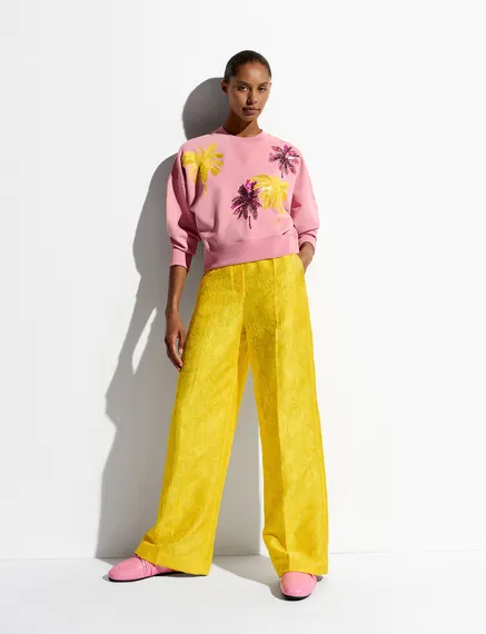 Yellow floral-jacquard straight-leg pants