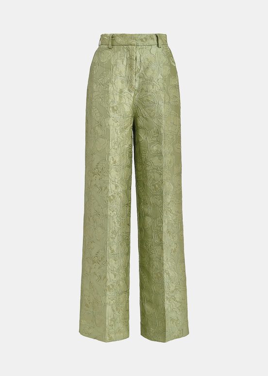 Pantalon droit en jacquard fleuri vert clair