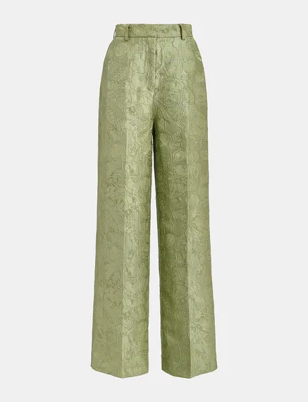 Hellgrüne Jacquard-Hose mit Blumenmuster und geradem Bein