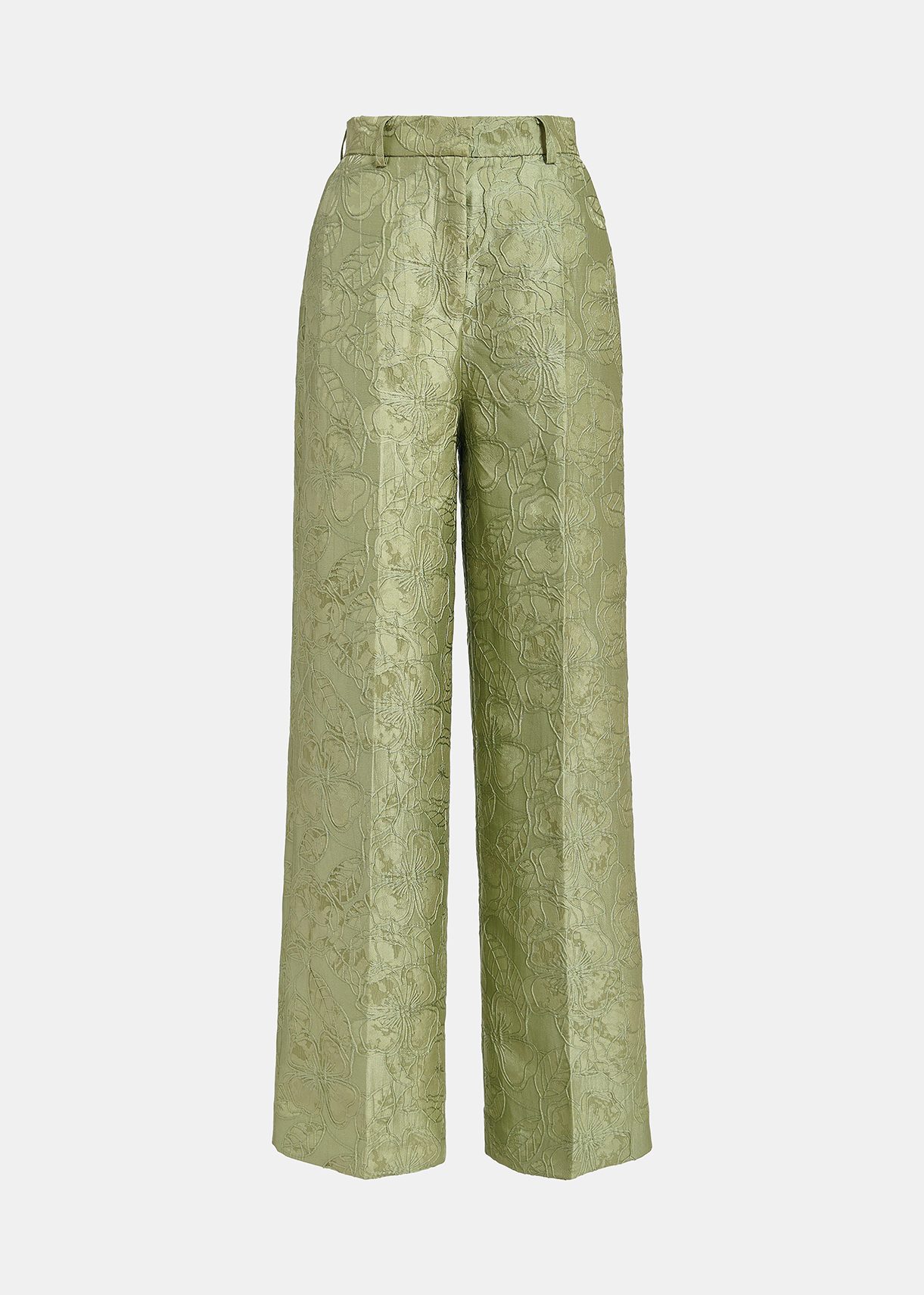 Light green floral-jacquard straight-leg pants