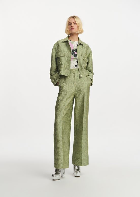 Light green floral-jacquard straight-leg pants