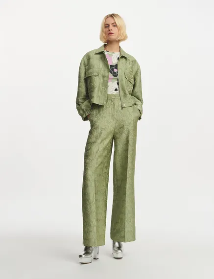 Light green floral-jacquard straight-leg pants