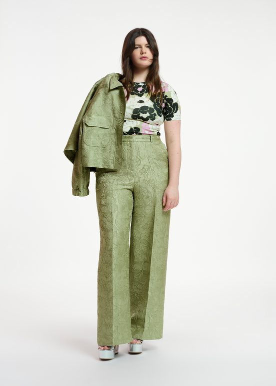 Light green floral-jacquard straight-leg pants