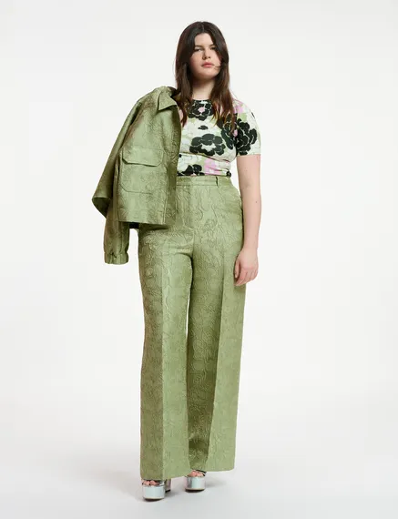 Light green floral-jacquard straight-leg pants