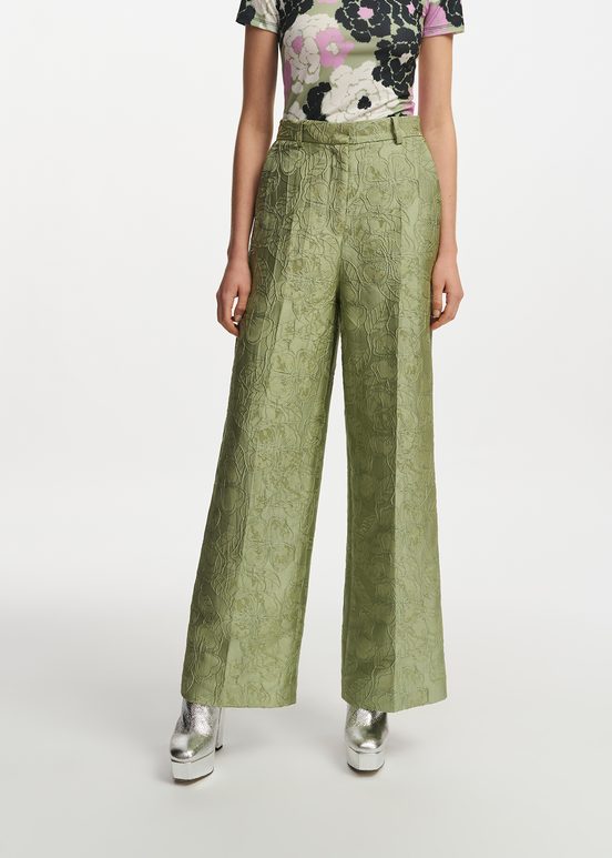 Pantalon droit en jacquard fleuri vert clair