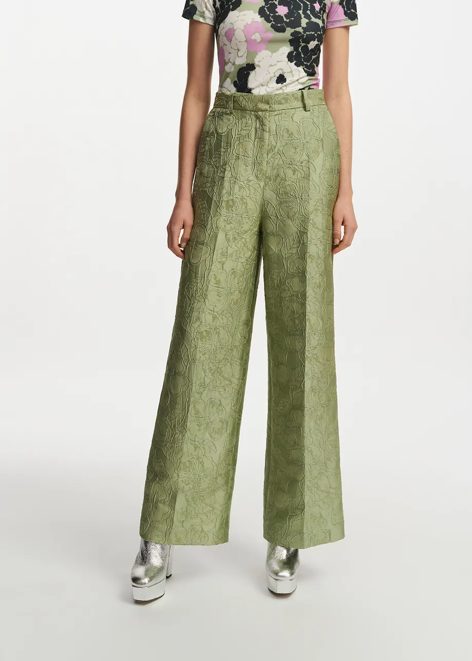 Light green floral-jacquard straight-leg pants