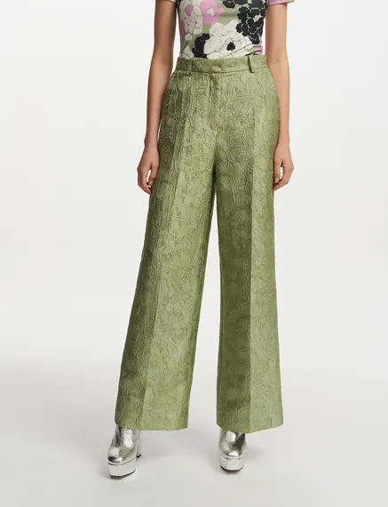 Pantalon droit en jacquard fleuri vert clair