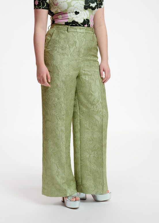 Hellgrüne Jacquard-Hose mit Blumenmuster und geradem Bein