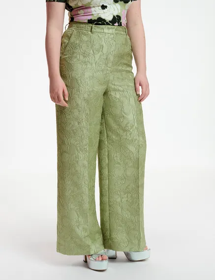 Pantalon droit en jacquard fleuri vert clair