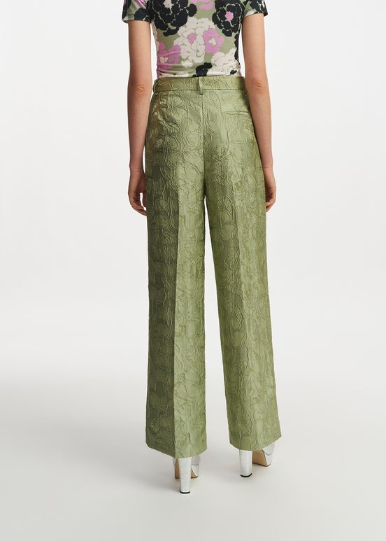 Pantalon droit en jacquard fleuri vert clair