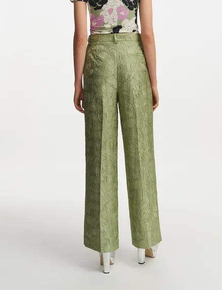 Pantalon droit en jacquard fleuri vert clair