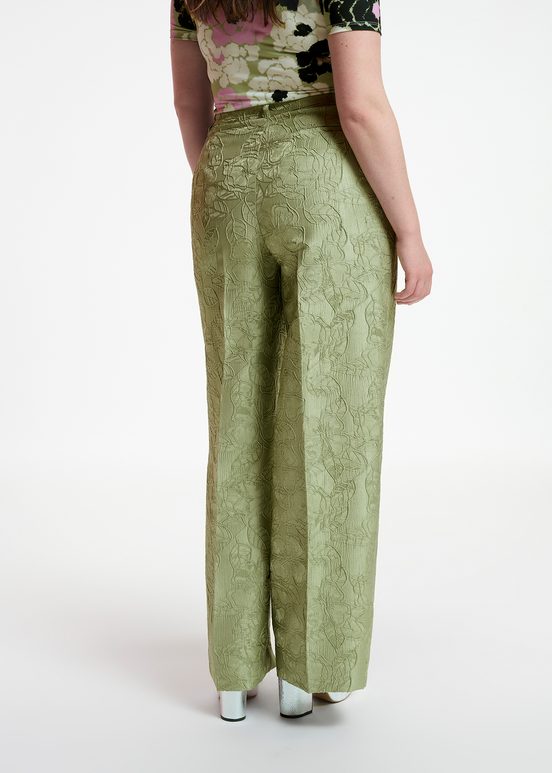 Pantalon droit en jacquard fleuri vert clair