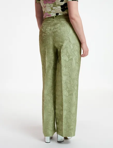 Pantalon droit en jacquard fleuri vert clair