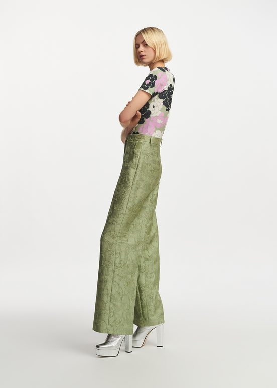 Pantalon droit en jacquard fleuri vert clair