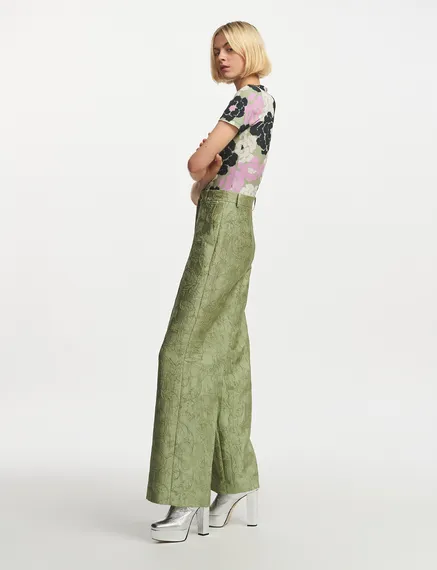 Pantalon droit en jacquard fleuri vert clair