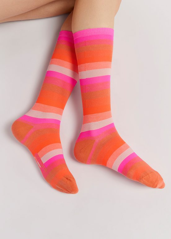 Orange, neon pink and light pink striped socks