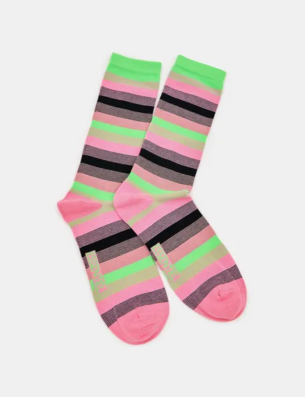 Pink, black and neon green striped socks