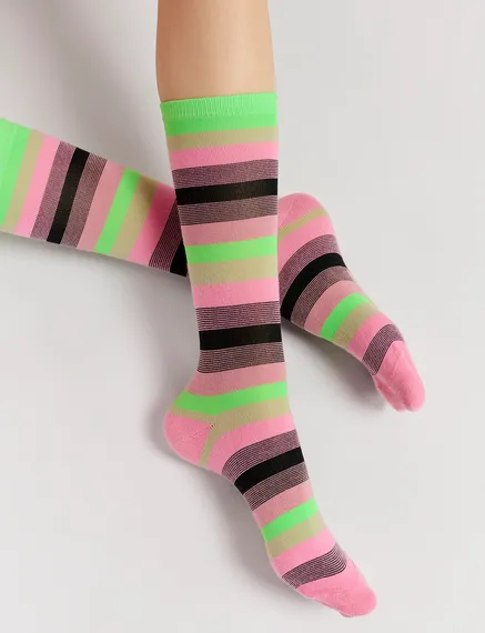 Pink, black and neon green striped socks