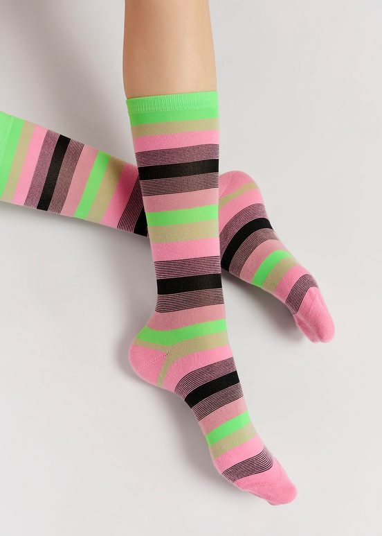 Pink, black and neon green striped socks