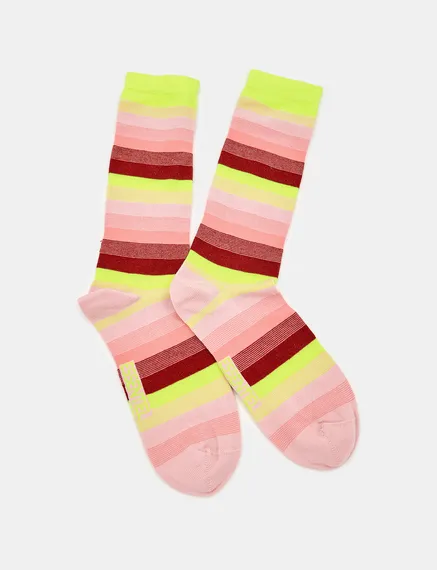 Light pink, burgundy and neon yellow striped socks