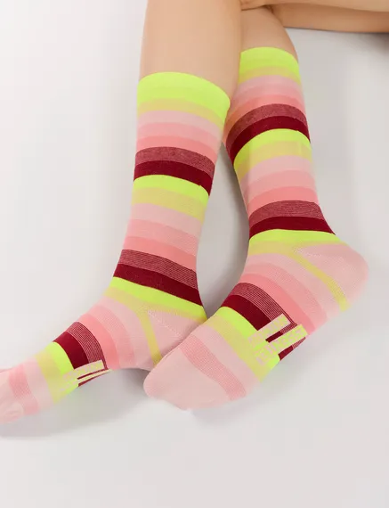 Light pink, burgundy and neon yellow striped socks